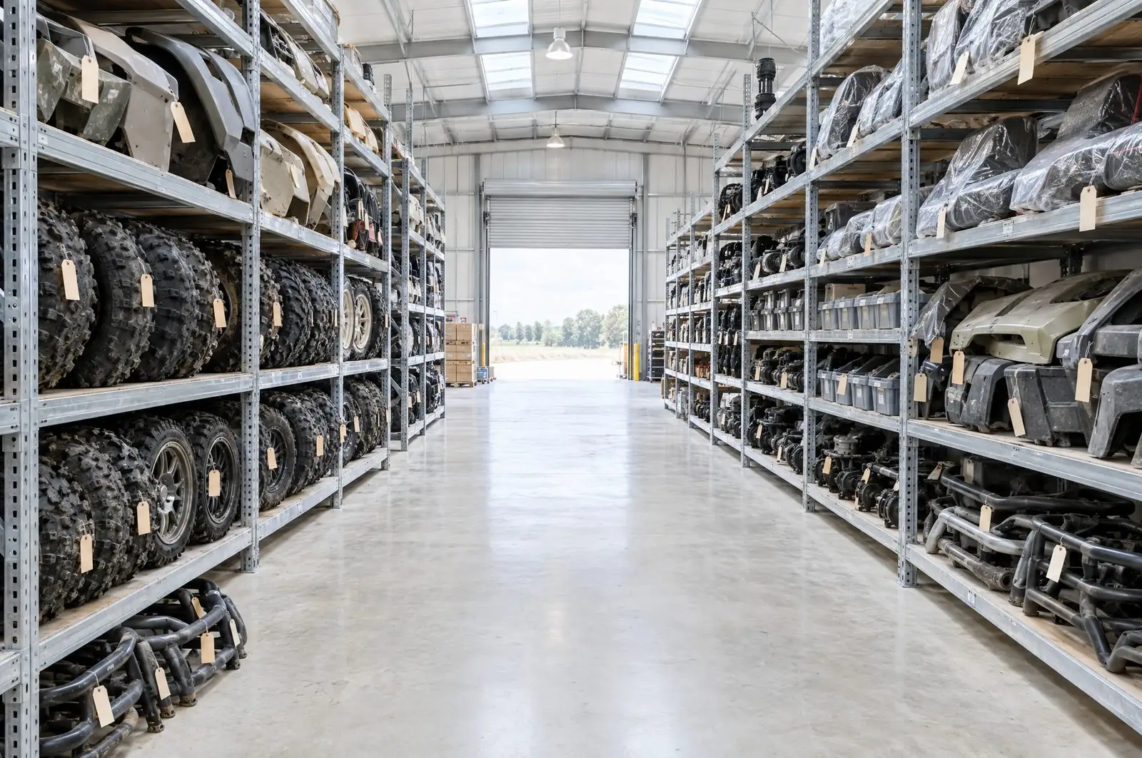 Shelves of side-by-side and ATV parts in the stockroom
